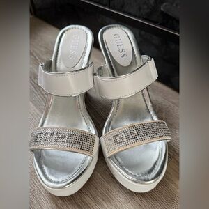 GUESS Silver Metallic Slide Sandals with Rhinestone Strap